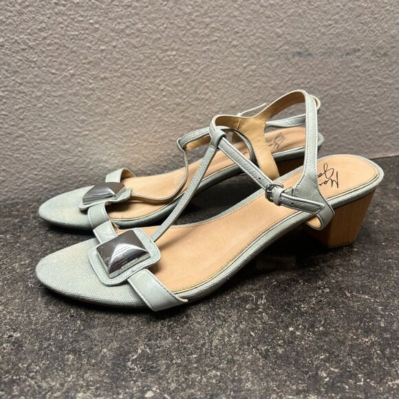Badgley Mischka Wood Crystal Ankle T Strap Open Toe Heel Size 9 Strappy 90s Y2K - Picture 3 of 9